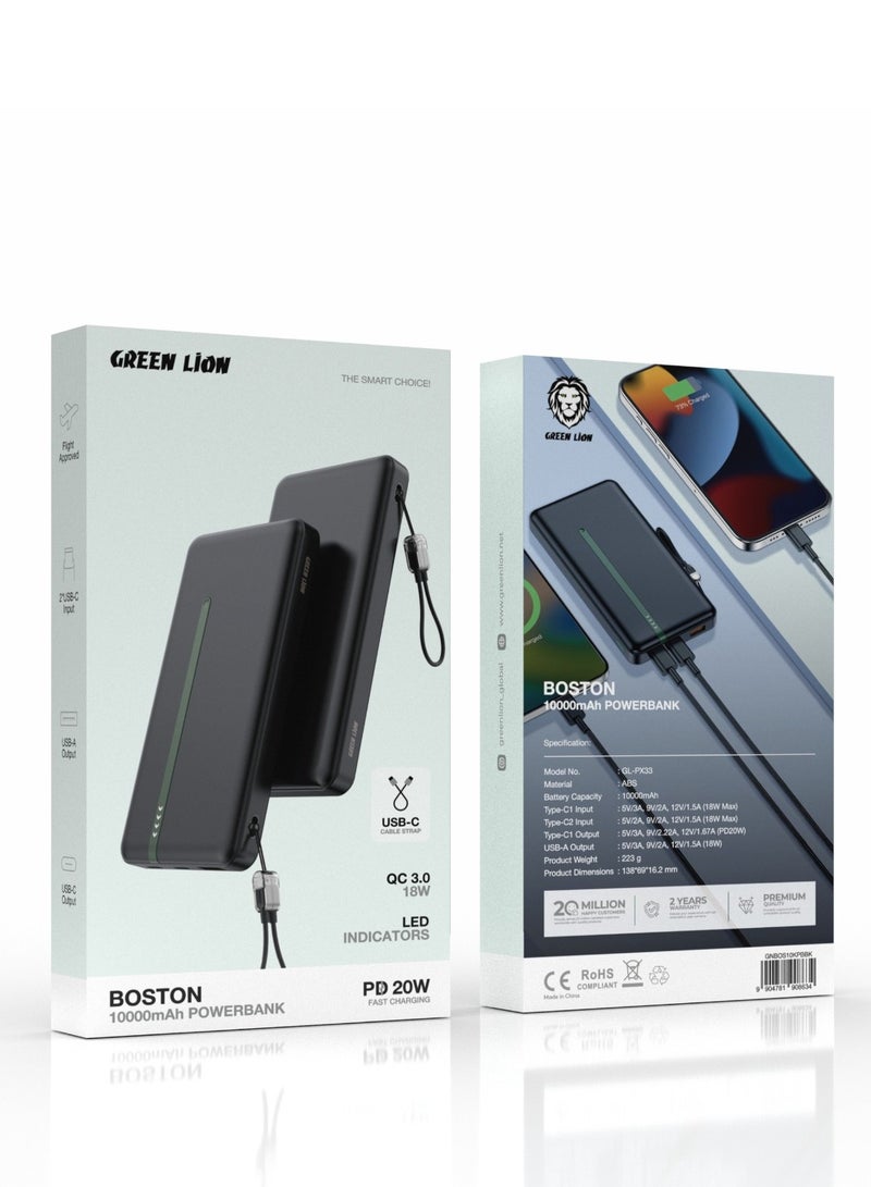 GREEN LION 10000mAh Power Bank Boston with USB-C Cable Strap / PD 20W Fast Charging /Portable charger/ Dual USB-C Inputs/ USB-A Output/ QC 3.0 / Quick Charge PowerBank 10000 mAh - Black - Image 3