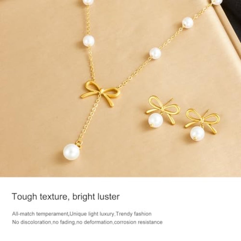 Elegant Stainless Steel Pearl Pendant Necklace and Earrings Set for Women, Hypoallergenic Jewelry Gift Set, Classic Boho Bridal Party Accessories - Image 3