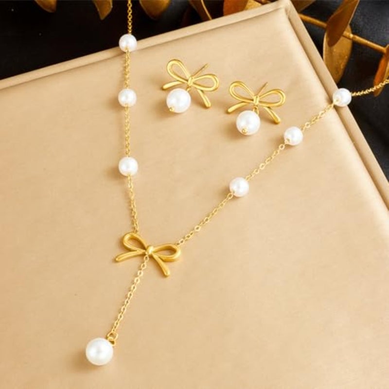 Elegant Stainless Steel Pearl Pendant Necklace and Earrings Set for Women, Hypoallergenic Jewelry Gift Set, Classic Boho Bridal Party Accessories - Image 5