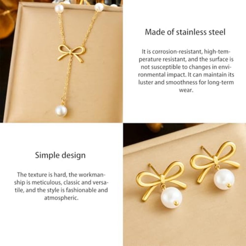 Elegant Stainless Steel Pearl Pendant Necklace and Earrings Set for Women, Hypoallergenic Jewelry Gift Set, Classic Boho Bridal Party Accessories - Image 4