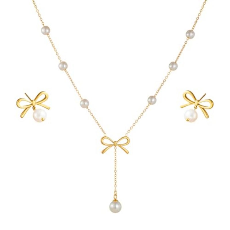 Elegant Stainless Steel Pearl Pendant Necklace and Earrings Set for Women, Hypoallergenic Jewelry Gift Set, Classic Boho Bridal Party Accessories - Image 1