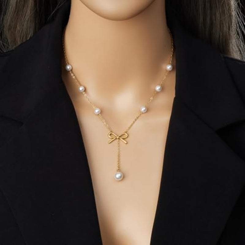 Elegant Stainless Steel Pearl Pendant Necklace and Earrings Set for Women, Hypoallergenic Jewelry Gift Set, Classic Boho Bridal Party Accessories - Image 2