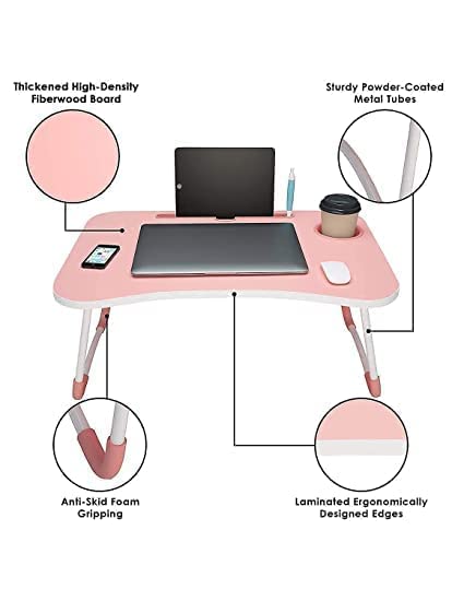 Radiant Wood Smart Multi-Purpose Laptop Table, Dock Stand, Study Table, Bed Table, Foldable, Portable, Ergonomic, Rounded Edges, Non-Slip Legs (Pink) 60D x 40W x 27H Cm - Image 3