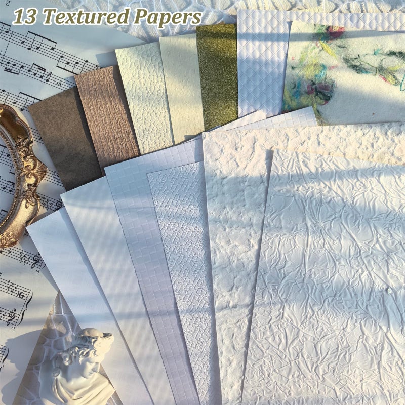 Flartmo 20 Unique A5 Textured Scrapbook Paper & Mesh Fabric Set, Handmade Craft Paper for Scrapbooking, Junk Journal Supplies, Card Making, Decoupage, Collage & Gift Embellishments (White) - Image 3