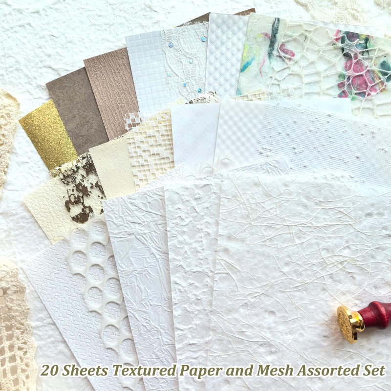 Flartmo 20 Unique A5 Textured Scrapbook Paper & Mesh Fabric Set, Handmade Craft Paper for Scrapbooking, Junk Journal Supplies, Card Making, Decoupage, Collage & Gift Embellishments (White) - Image 2
