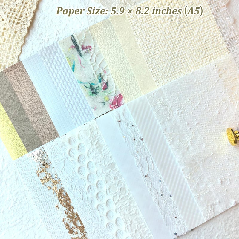 Flartmo 20 Unique A5 Textured Scrapbook Paper & Mesh Fabric Set, Handmade Craft Paper for Scrapbooking, Junk Journal Supplies, Card Making, Decoupage, Collage & Gift Embellishments (White) - Image 5