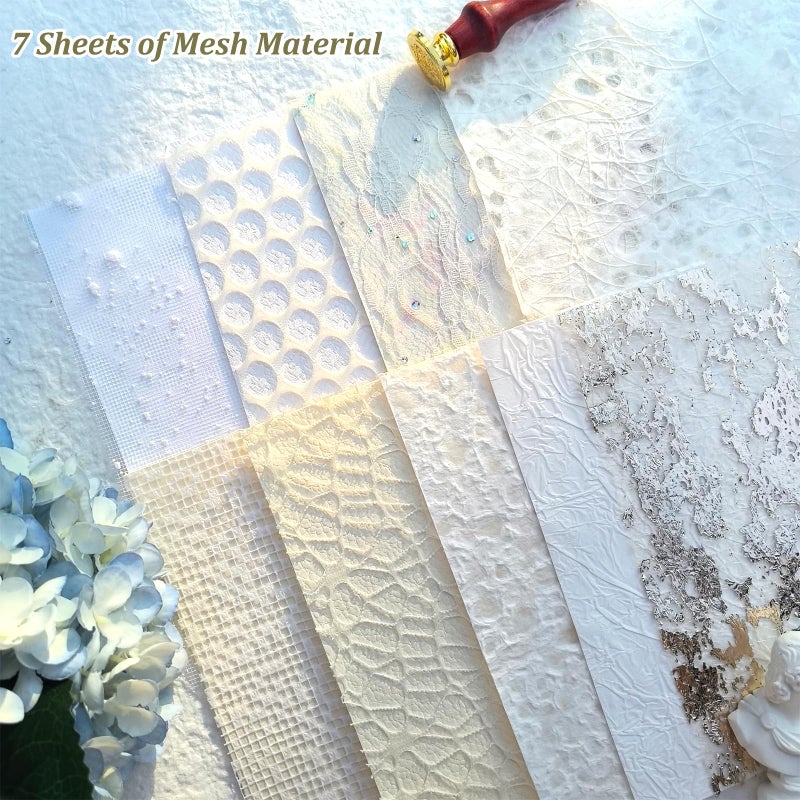 Flartmo 20 Unique A5 Textured Scrapbook Paper & Mesh Fabric Set, Handmade Craft Paper for Scrapbooking, Junk Journal Supplies, Card Making, Decoupage, Collage & Gift Embellishments (White) - Image 4