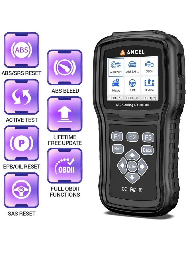 أنسيل ماسح AD610 Pro OBD2 - قارئ أكواد ABS SRS، أداة تشخيص ضوء المحرك مع تفريغ ABS، AutoVIN، بيانات حية، وظائف OBD2 الكاملة، إعادة ضبط SAS/زيت/EPB - Image 2