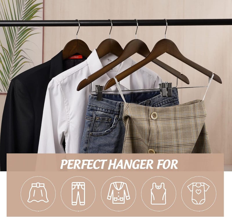 HOUISM HOUÍSM Wooden Clothes Hangers with Clips, 16Pack Wood Skirt Hangers with Clips, High-Grade Selected Walnut Wood Hangers with Sturdy Metal Clips for Pants, Suit, Heavy Winter Coat, Jacket, Formal Dress - Image 5