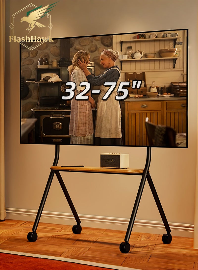 فلاشهوك حامل تلفزيون متحرك، حامل تلفزيون متحرك على الأرض لشاشات LED LCD OLED مقاس 32 إلى 75 بوصة، عربة تلفزيون قابلة لضبط الارتفاع مع صينية خشبية لغرفة النوم وغرفة المعيشة - Image 1