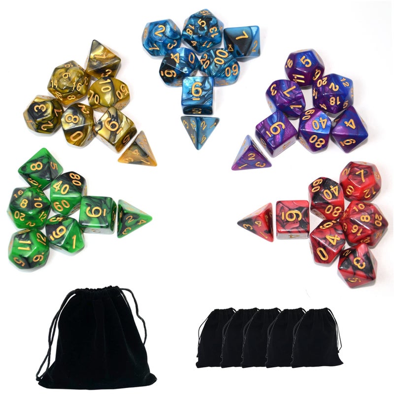SmartDealsPro 5 x 7-Die Double-Colors Polyhedral Dice Sets with Pouches for D&D DND RPG MTG Dungeon and Dragons Table Board Roll Playing Games D4 D6 D8 D10 D% D12 D20 - Image 1