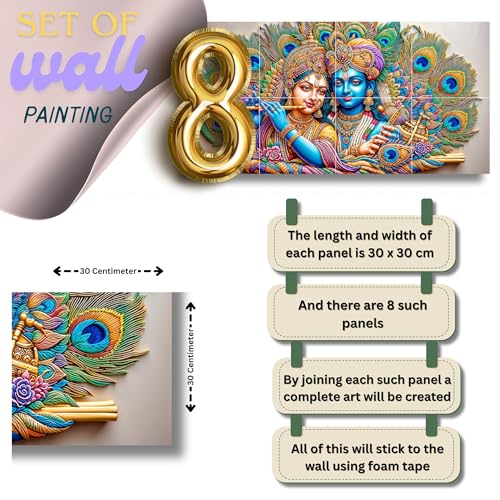 Nozvera 8 Pcs Radha Krishna MDF Wall Painting, UV Sparkle Laminated, 25x48 Inch Panel Art for Living Room & Home Decor - Image 3