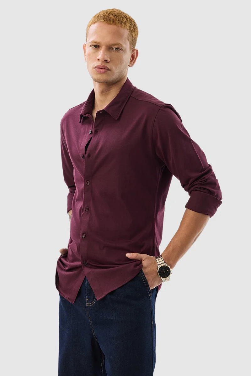 سنيتش Burgundy Solid Long Sleeve Slim Fit Shirt