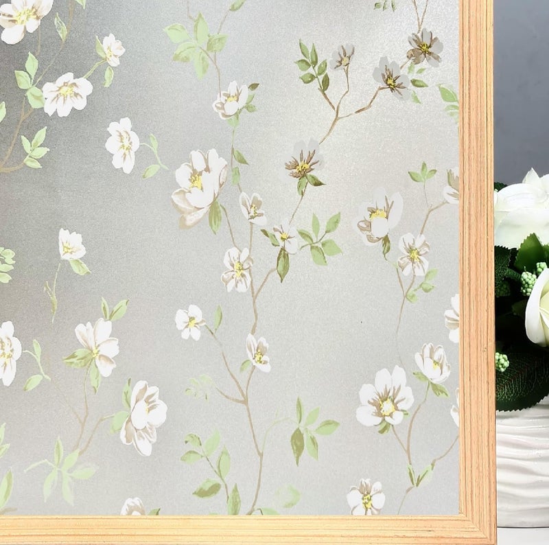 Sun Bird Frosted Glass Window Film Decorative Non-Adhesive Bathroom Privacy Stained Glass Window Sticker for Home and Office, (12in x 6 ft, Jasmine White) - Image 1