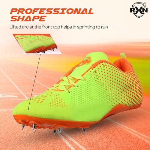 RXN Fly Running Sprinting Track & Field Spikes Shoes for Men & Women (F.Green/Orange, UK Footwear Size System, Adult, Men, Numeric, Medium, 4) - Image 3
