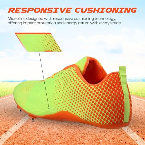 RXN Fly Running Sprinting Track & Field Spikes Shoes for Men & Women (F.Green/Orange, UK Footwear Size System, Adult, Men, Numeric, Medium, 4) - Image 5