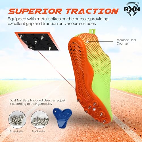 RXN Fly Running Sprinting Track & Field Spikes Shoes for Men & Women (F.Green/Orange, UK Footwear Size System, Adult, Men, Numeric, Medium, 4) - Image 4