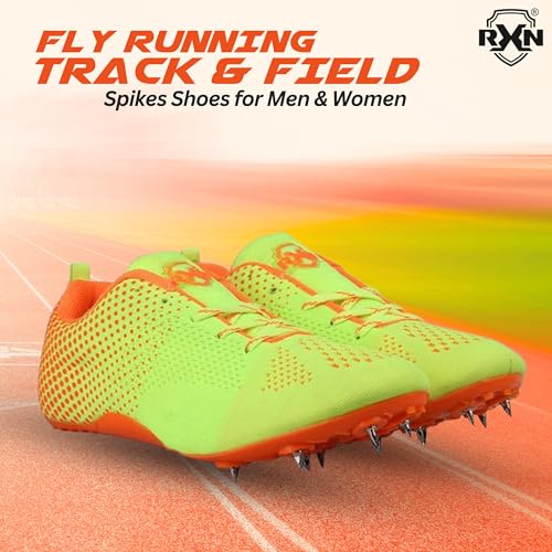 RXN Fly Running Sprinting Track & Field Spikes Shoes for Men & Women (F.Green/Orange, UK Footwear Size System, Adult, Men, Numeric, Medium, 4) - Image 2