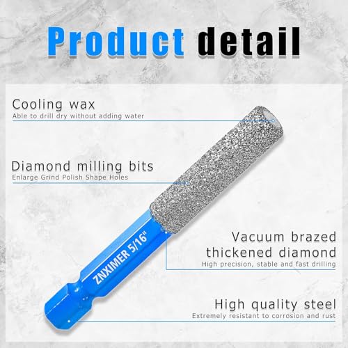 ZNXIMER Diamond Drill Bits Set for Ceramic, Porcelain, Glass, Marble, Tile, Granite, Stone and More - Tile Drill Bits for Efficient, Precise Drilling and Milling - Image 3