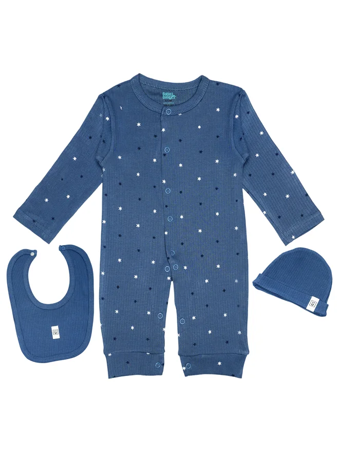 بابيز_بيسك Babies Basic Premium Ribbed Cotton Sleepsuit Romper with Cap and Bib
