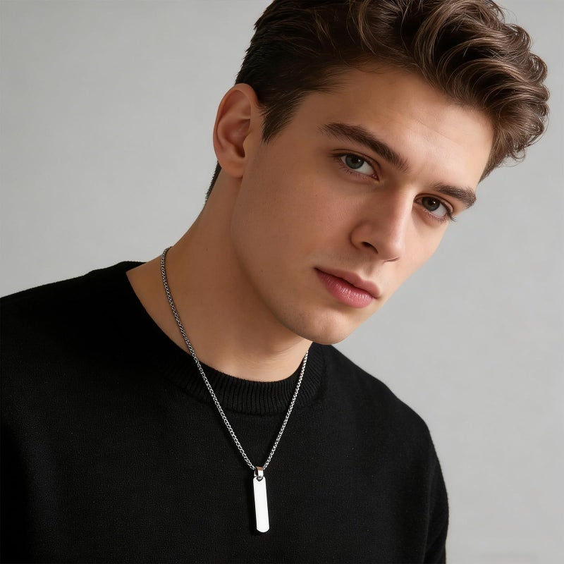 HZMAN Silver Bar Pendant Necklace for Men High Polished Simple Cool Stainless Steel Vertical Cuboid Bar Necklace Jewelry Gift - Image 2