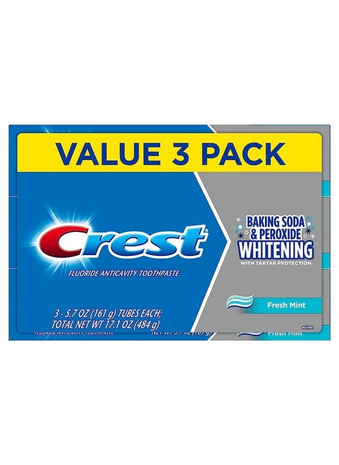 Crest Cavity and Tartar Protection Toothpaste, Whitening Baking Soda & Peroxide, (3 Count of 5.7 Tubes Each), 17.1 Ounce