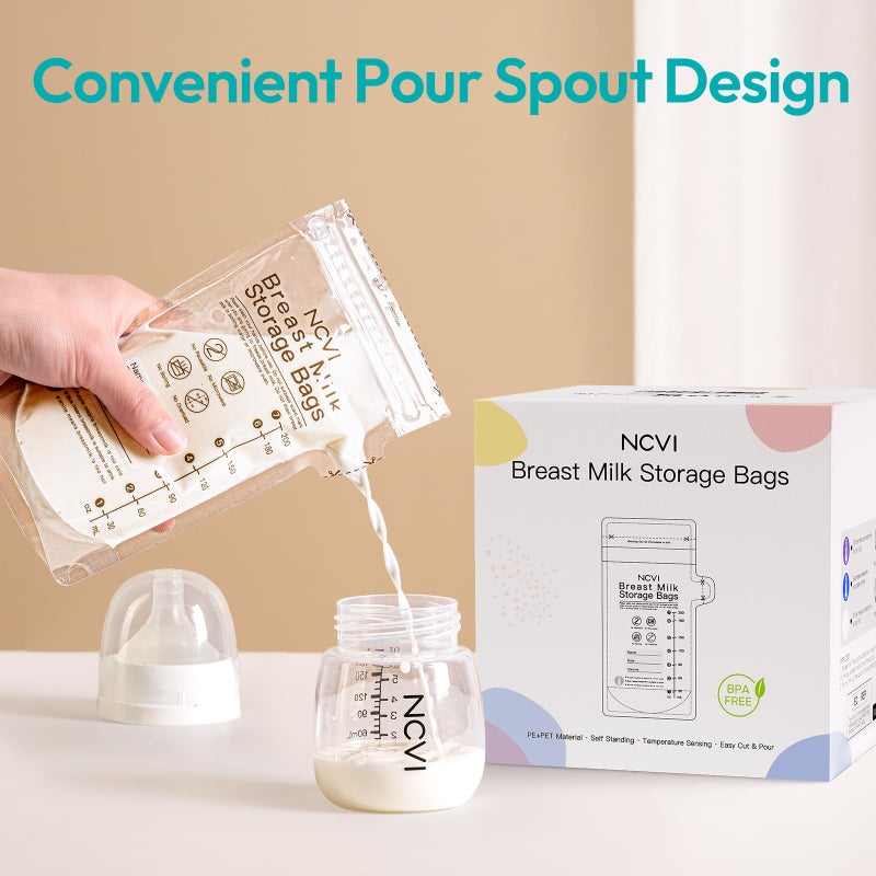 NCVI Breastmilk Storage Bags, 180 Count Milk Storage Bags for Breastfeeding, 7oz Breast Milk Storage Bags with Temp-Sensing, Doubled-Sealed, Hygienically, Self Standing, Easy Pour Spout, BPA Free - Image 5