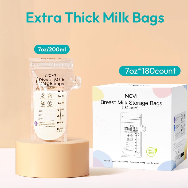 NCVI Breastmilk Storage Bags, 180 Count Milk Storage Bags for Breastfeeding, 7oz Breast Milk Storage Bags with Temp-Sensing, Doubled-Sealed, Hygienically, Self Standing, Easy Pour Spout, BPA Free - Image 4