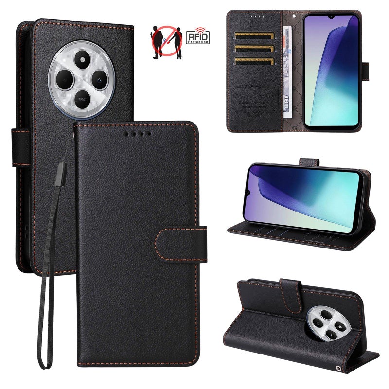 erorex For Redmi 14C 4G / 5G / 14R / Poco M7 Litchi Texture RFID Blocking 3-Card Wallet Leather Phone Case(Black) - Image 1