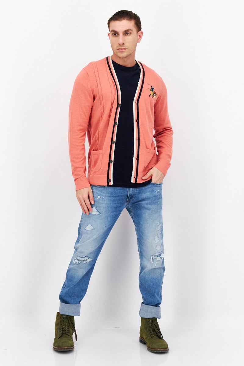 Lyle & Scott Men V-Neck Embroidered Knitted Cardigan, Pink - Image 3