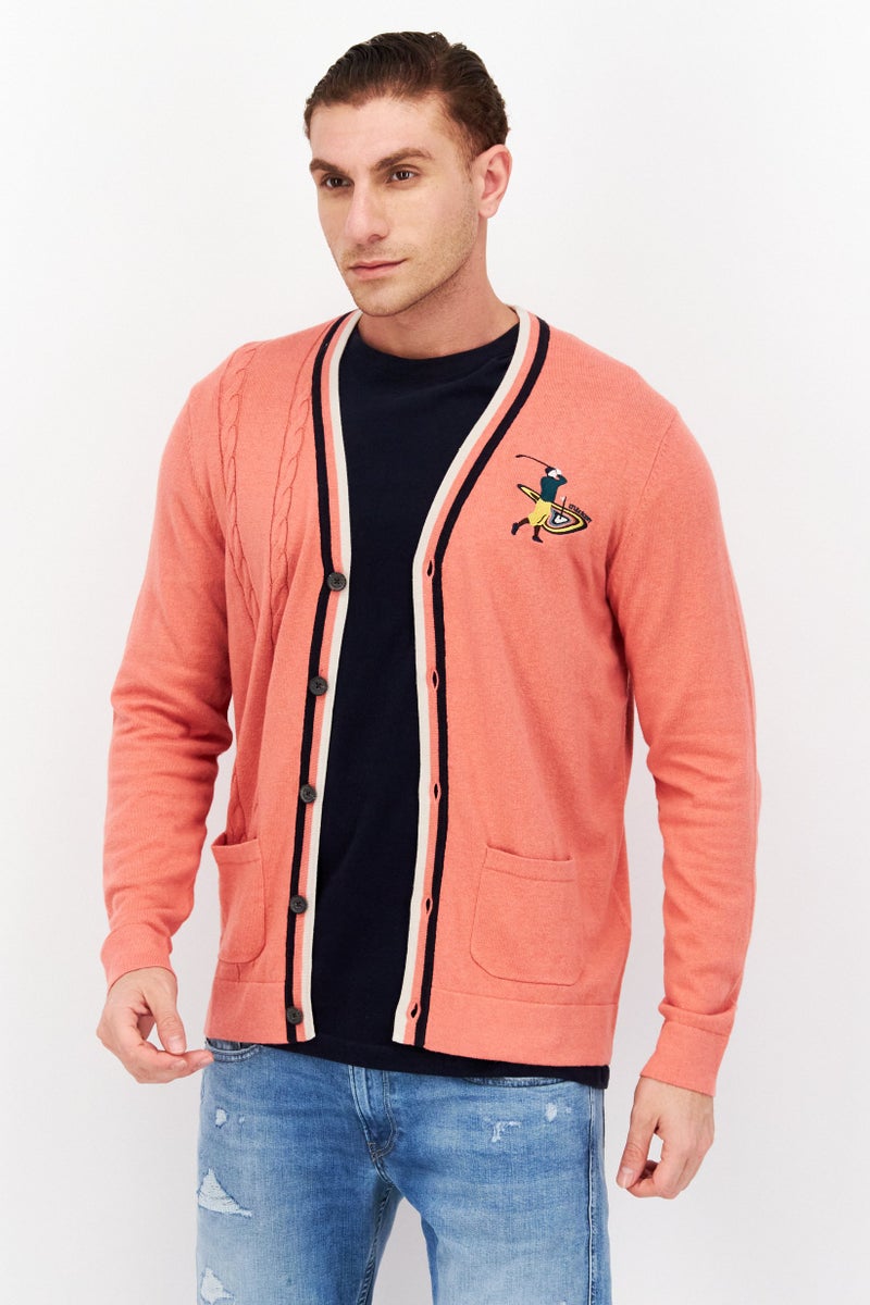 Lyle & Scott Men V-Neck Embroidered Knitted Cardigan, Pink - Image 1