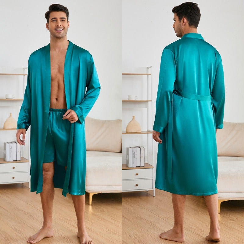 طقم ملابس منزلية رجالي - رداء بأكمام طويلة مع شورت، ملابس منزلية خفيفة، ربيع/صيف/خريف، لون سادة