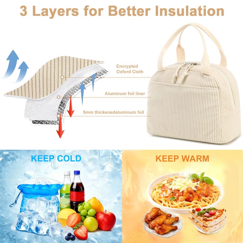 Bluboon Lunch Bag for Women Men Cute Corduroy Lunch Tote Bags Reusable Insulated Lunch Box Large Capacity Reusable Insulated Cooler for Work Picnic or Travel - Image 4