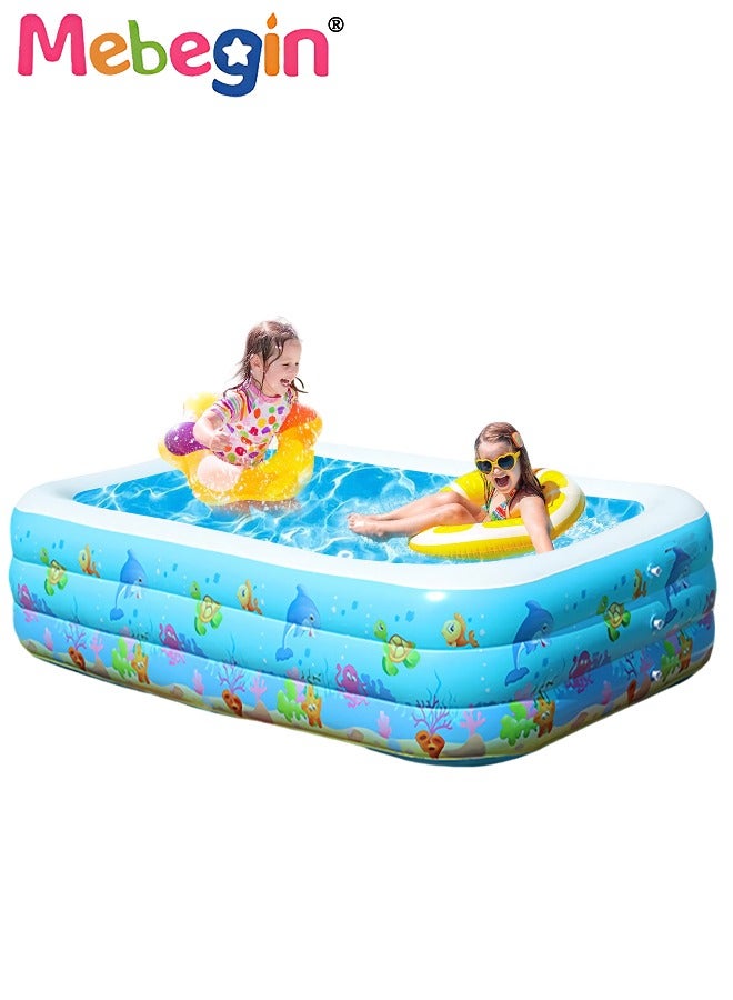 MEBEGIN 260*170*60cm Rectangle Shape Inflatable Swimming Pool with Marine Animal Print, Thickened Swimming Pool, Paddling Pool with Inflatable Safety Bubble Bottom, Durable Multifunctional Blow up Pool, Family Lounge Pool, Ideal Choice for Indoor Entertainment and Outdoor Activities - Image 1