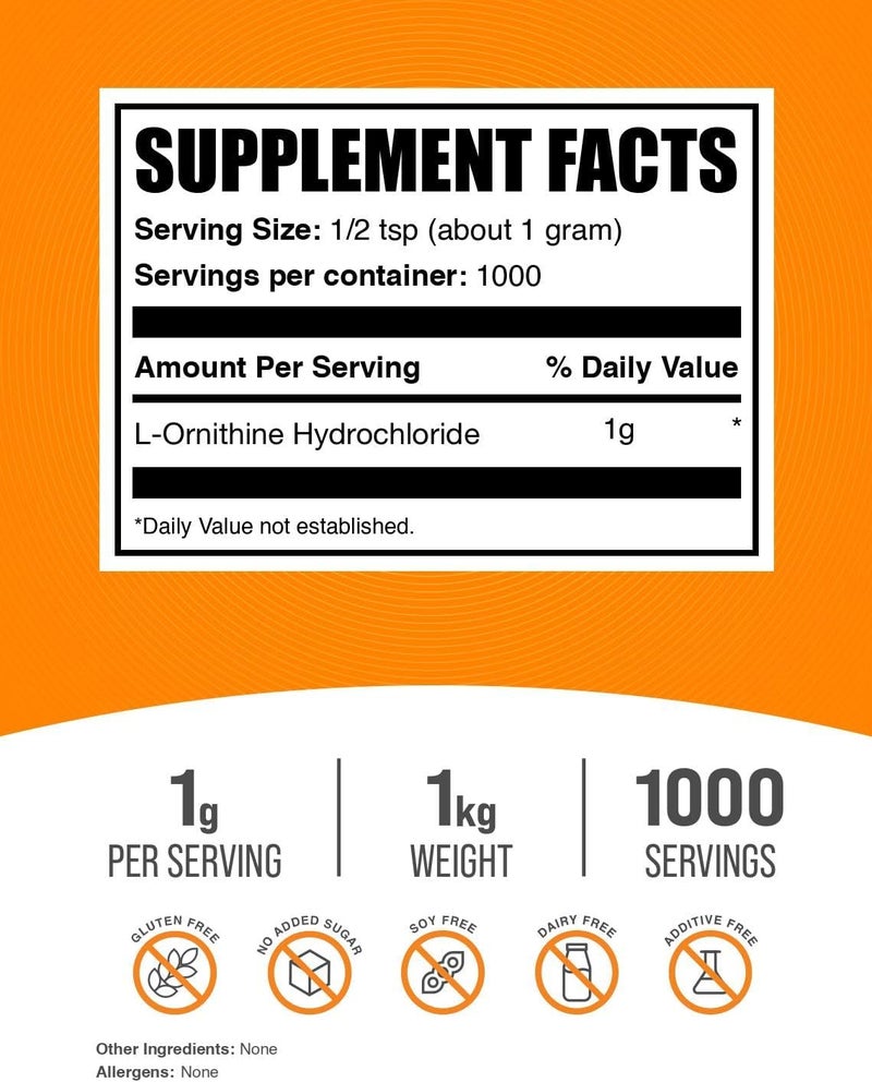BulkSupplements مسحوق L-أورنثين HCl من BulkSupplementscom  مكمل أورنثين  مكمل أحماض أمينية  خالي من الغلوتين  1 جرام لكل حصة  1 كجم  22 رطل  عبوة من 1 - Image 2