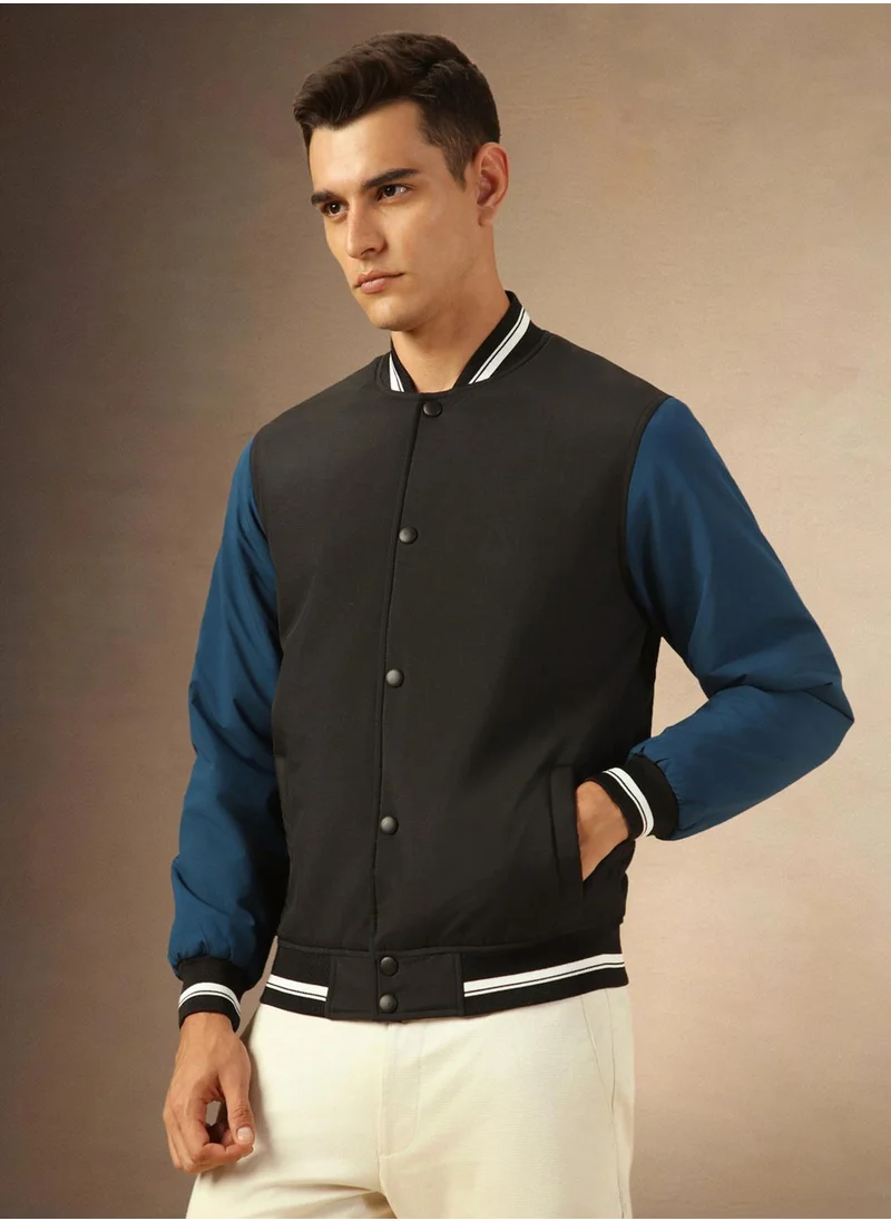 دينيس لينغو Men's Black 100% Polyester Colour Blocked Regular Fit Jacket