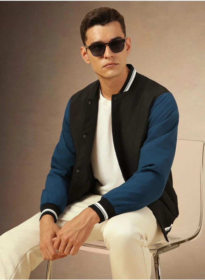 دينيس لينغو Men's Black 100% Polyester Colour Blocked Regular Fit Jacket