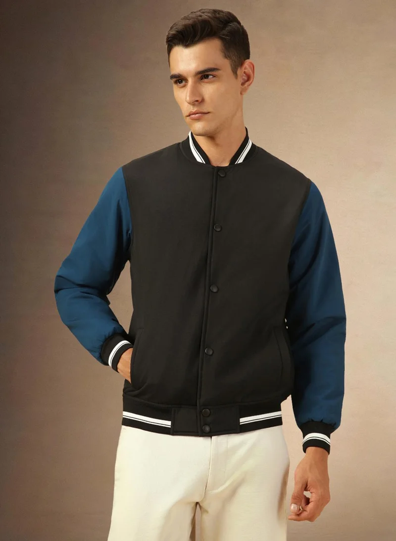 Dennis Lingo Men's Black 100% Polyester Colour Blocked Regular Fit Jacket