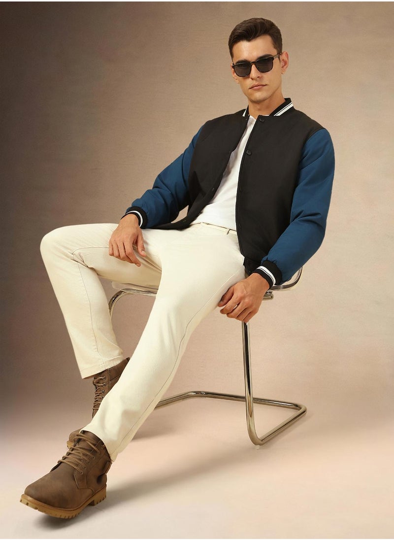 Men's Black 100% Polyester Colour Blocked Regular Fit Jacket
