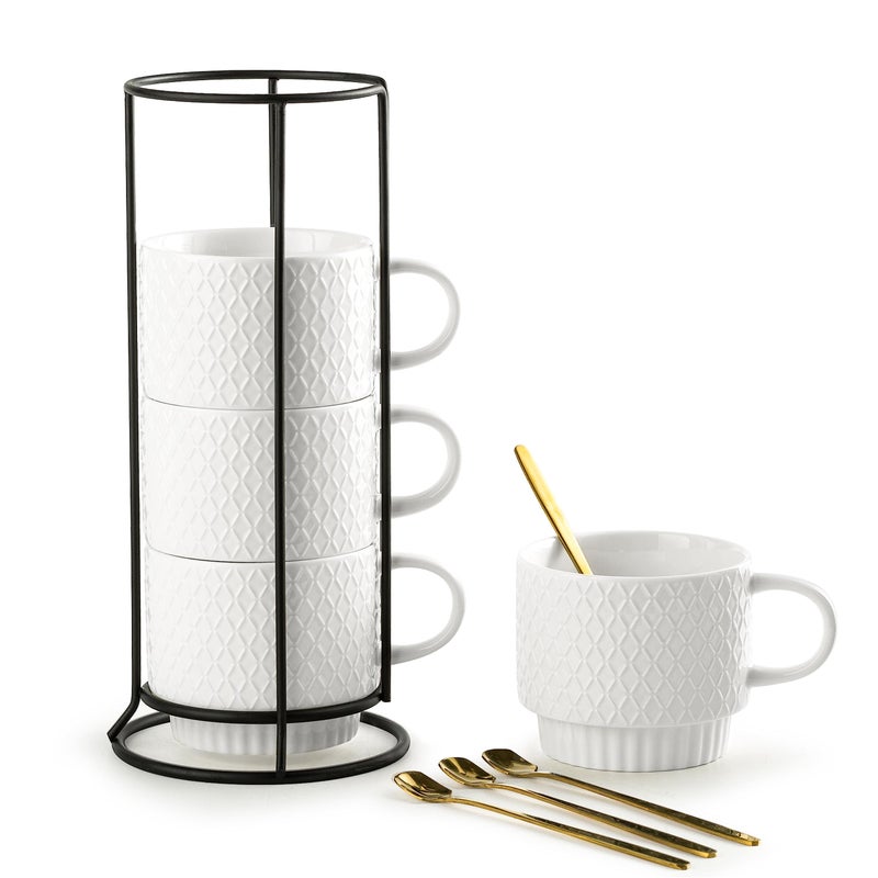 Gomakren Stackable Coffee Mugs Set with Stand Coffe Cup with Tea Spoon 13 Ounce Cups for Cappuccino Coffee Drinks Tea Set of 4 White Gift for Man Women 380ml
