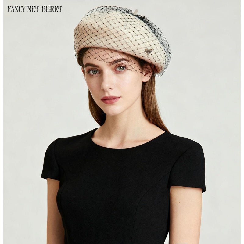 huablo Women's Premium Cashmere French Beret with Veil - Elegant Solid Wool Hat - Artist Hat with Heart - Shaped Fake Diamond Brooch - Beige - Image 2