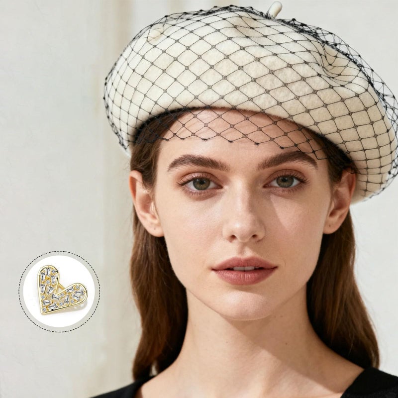 huablo Women's Premium Cashmere French Beret with Veil - Elegant Solid Wool Hat - Artist Hat with Heart - Shaped Fake Diamond Brooch - Beige - Image 5