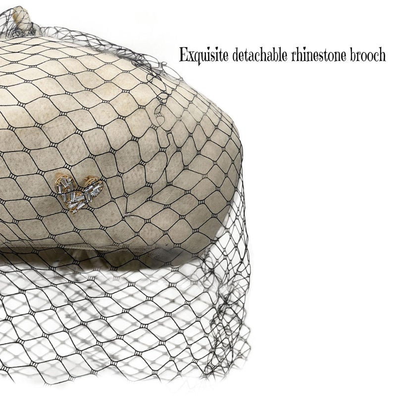 huablo Women's Premium Cashmere French Beret with Veil - Elegant Solid Wool Hat - Artist Hat with Heart - Shaped Fake Diamond Brooch - Beige - Image 4