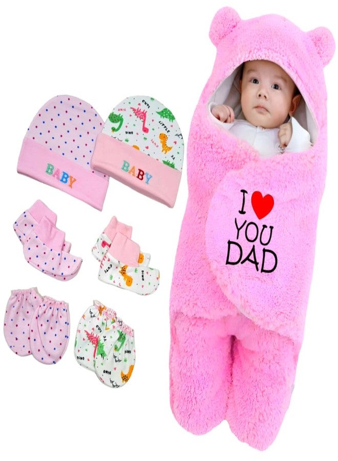 First Kick New Born Security Baby Blanket Hooded Embroided Wearable Wrapper Baby Sleeping Bag Pack Of 1 Blanket, 2 Caps, 2 Mitten Sets, 2 Bootie Sets, Pink - Image 1