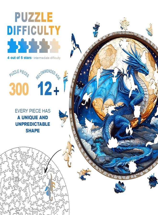 DOCRAGI Wooden Puzzles for Adults - Moonlit Blue Dragon Wooden Jigsaw Puzzle - Unique Shape 3D Vision Wood Puzzles Adult - Christmas Birthday Gifts for Adults/Friends/Family - 300pcs 13.4 * 13.4in - Image 3