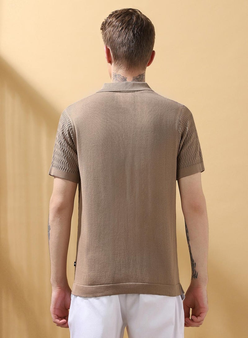 Dennis Lingo Men's Oat Milk 100% Cotton Textured Regular Fit T-Shirt  - Image 3