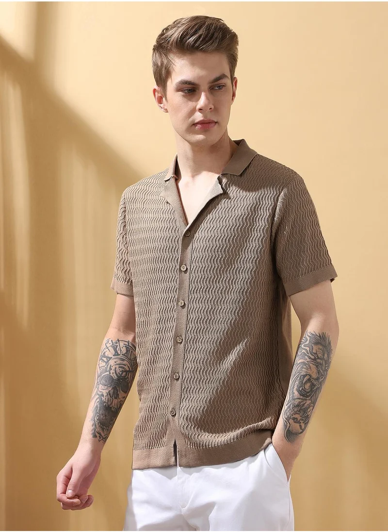 دينيس لينغو Men's Oat Milk 100% Cotton Textured Regular Fit T-Shirt