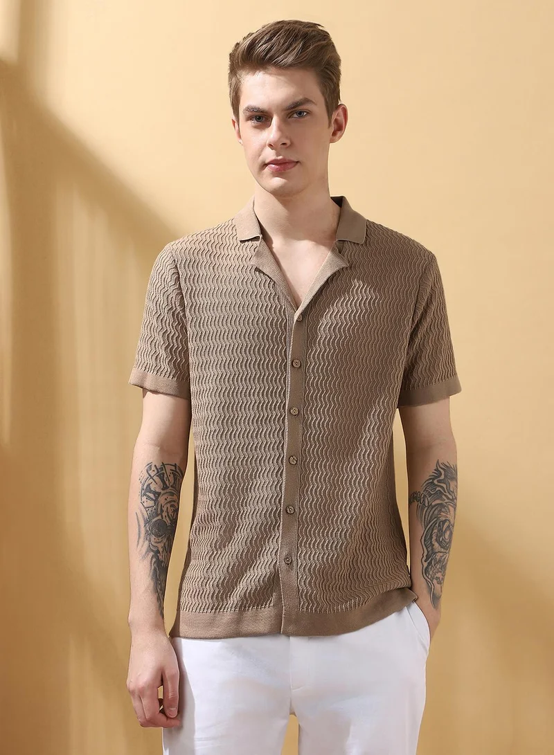 Dennis Lingo Men's Oat Milk 100% Cotton Textured Regular Fit T-Shirt