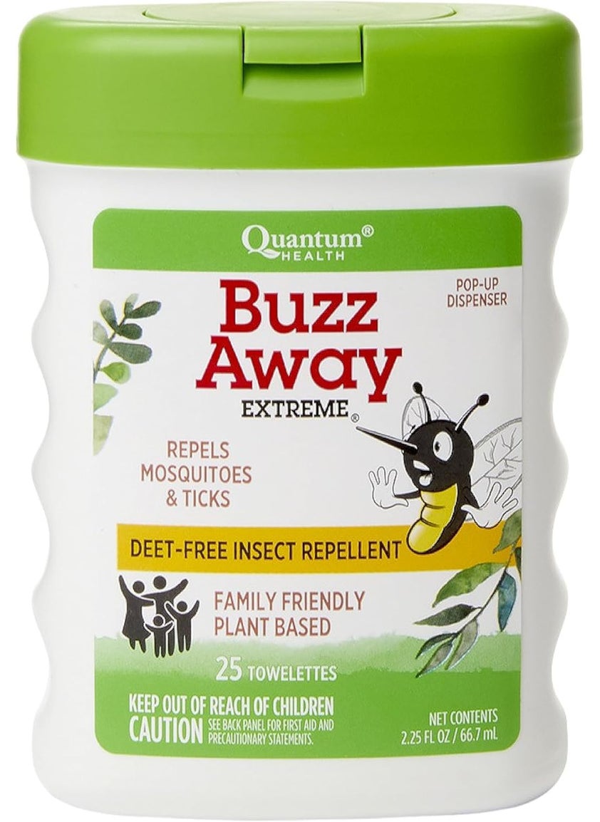 Quantum Quantum Health Buzz Away Extreme Towelettes  DEETfree Insect Repellent Wipes Essential Oils  Pop Up Dispenser Small Children and Up 25 Count  - Image 1