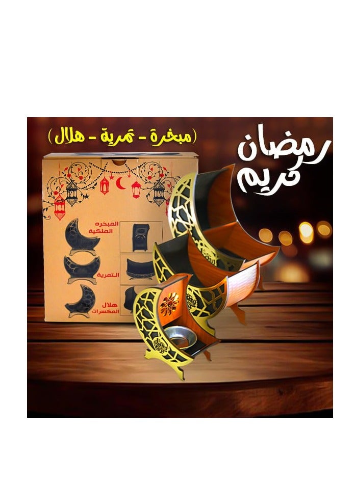 طقم ديكور خشبي رمضاني (حامل مبخرة + وعاء حلوى + حامل مناديل)  - Image 2